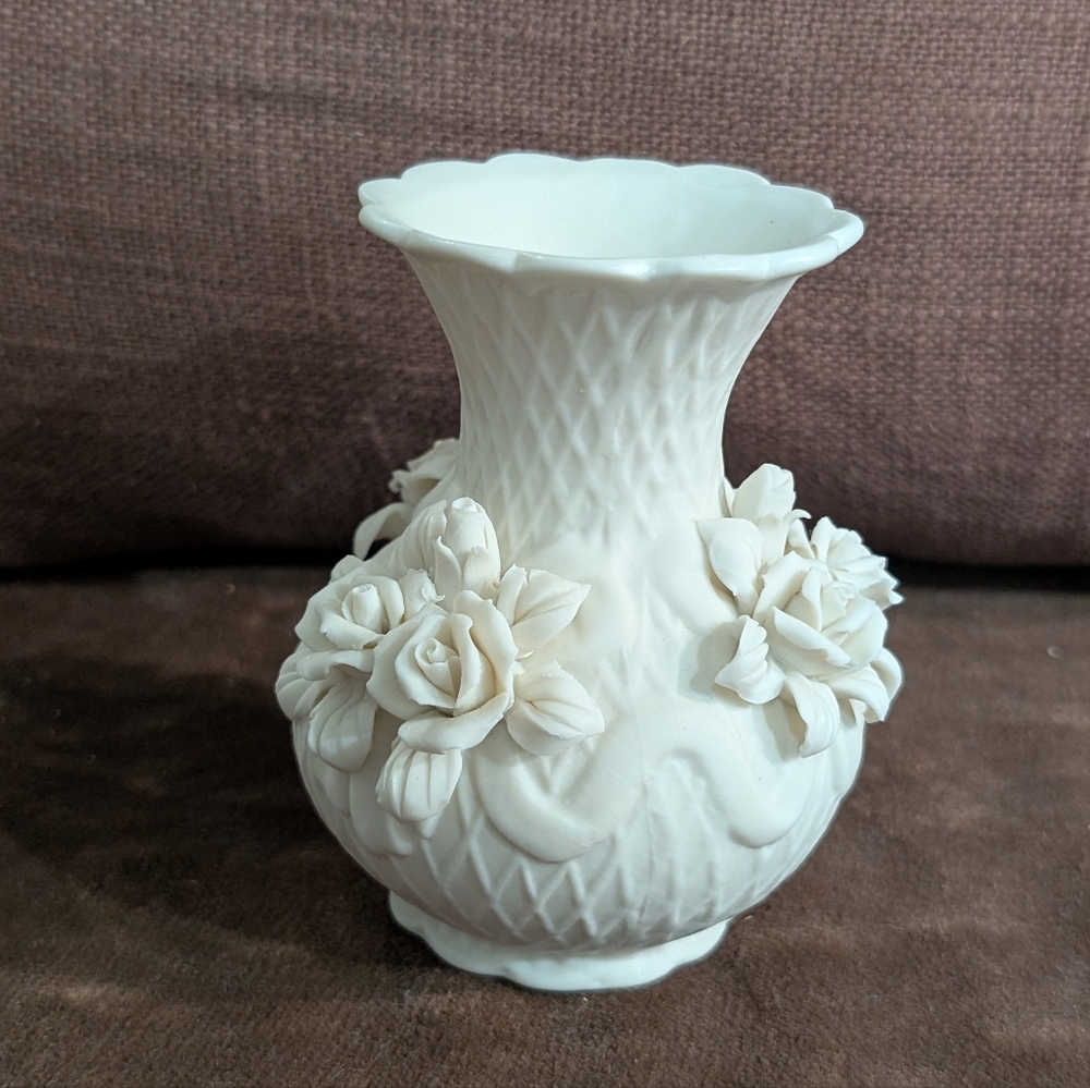 Art Deco Ivory Ceramic Vase Embossed Roses